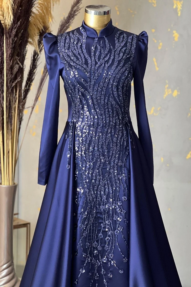 Esilanur Drop Hijab Evening Dress Navy Blue