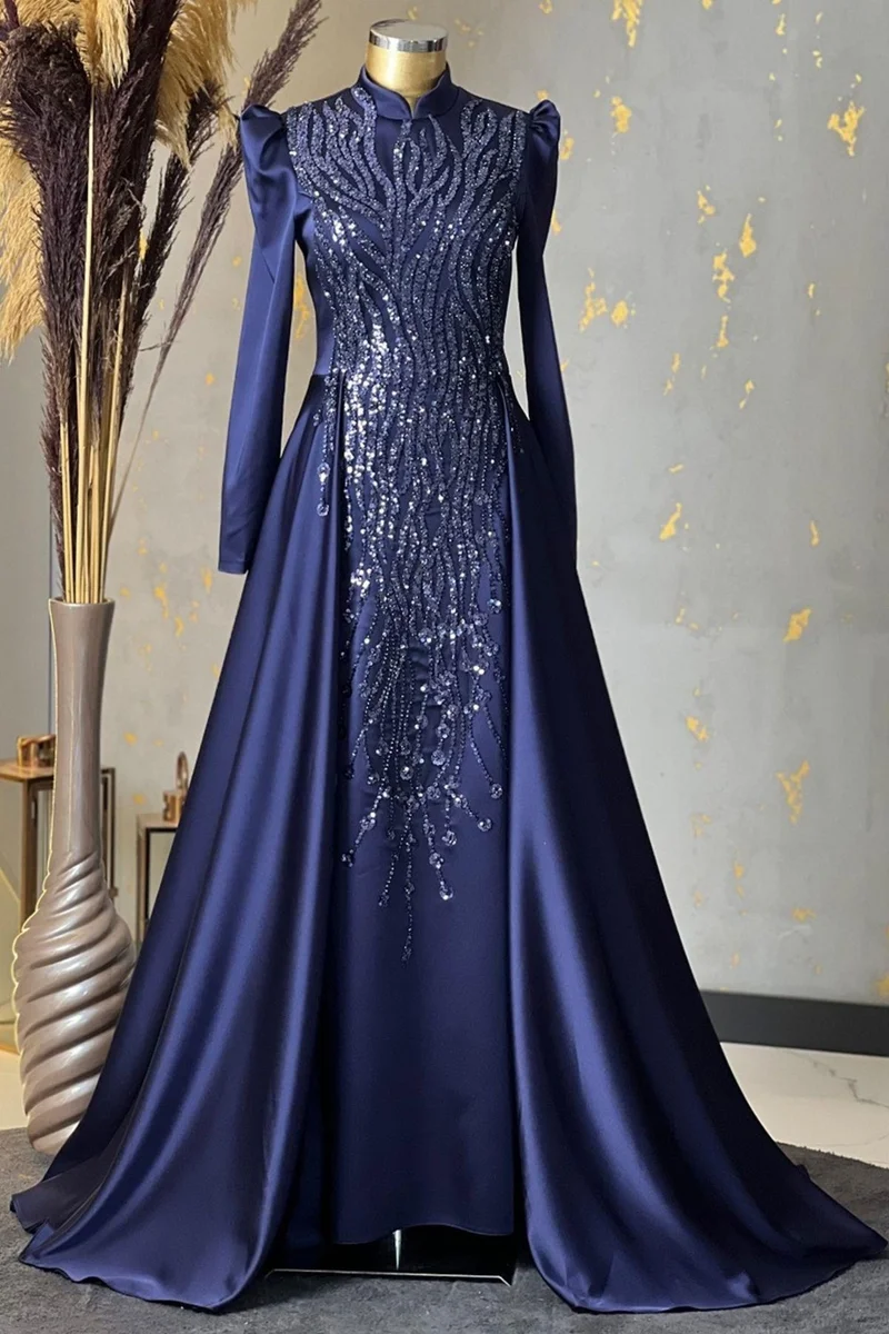 Esilanur Drop Hijab Evening Dress Navy Blue