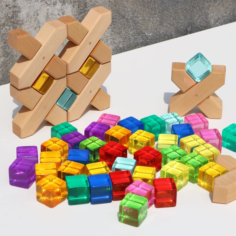 Candywood Rainbow Acrylic Gem Cubes Blocks Children Educational Sensory Training Crystal Toys Baby Learn Color Light Shadow Stacking Toys (40-Pcs) - Image 3