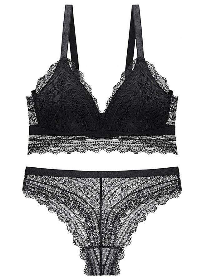 Loquat Solid Color B C Cup Thin Cup Without Underwire Lace Bra And Panty Set Black 