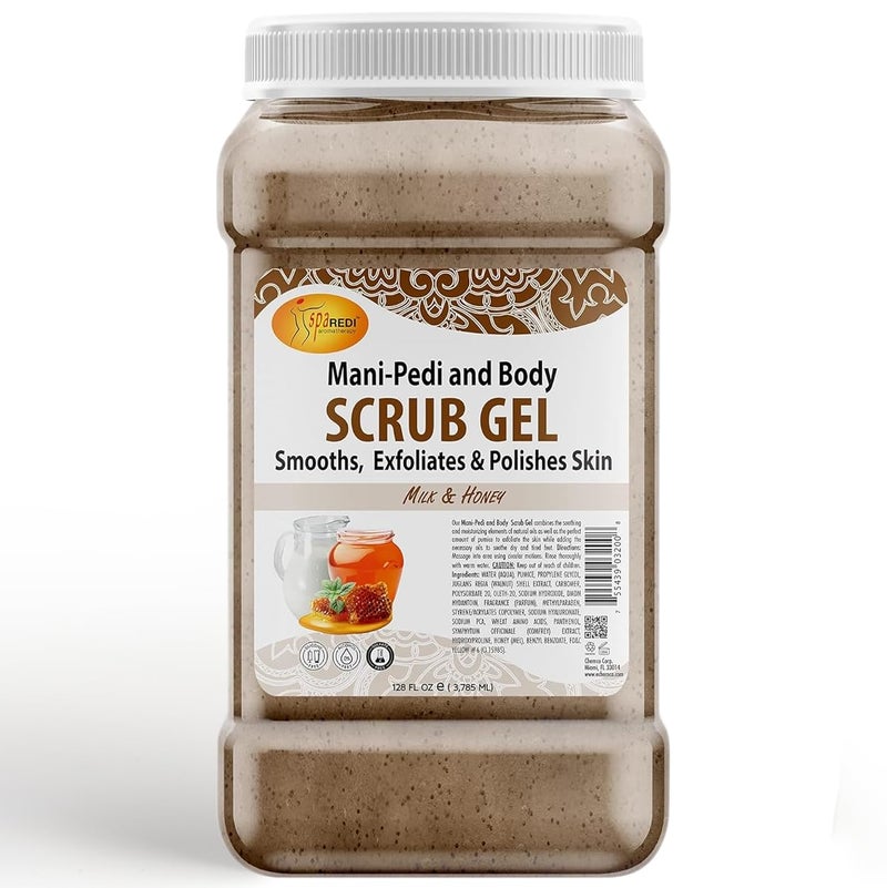 SPA REDI - Exfoliating Scrub Pumice Gel, Milk and Honey, 128 Oz - Manicure, Pedicure and Body Exfoliator Infused with Hyaluronic Acid, Amino Acids, Panthenol and Comfrey Extract - Image 1