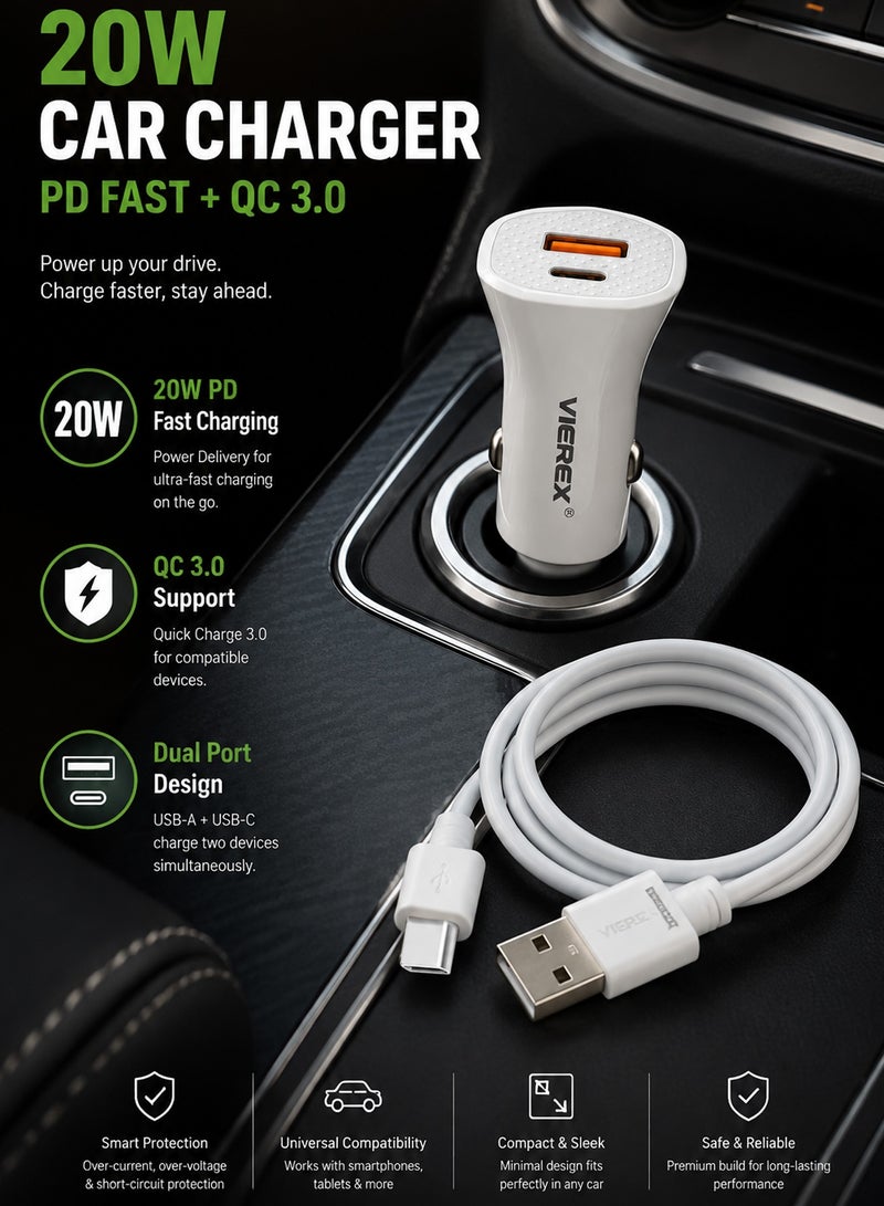 Vierex Power Delivery PD Fast Charger + QC3.0 Dual Port Car Adapter, High-Speed USB-C Cigarette Lighter Phone Charger with Premium  Type-C Charging Cable - Image 2