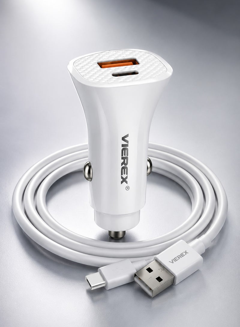 Vierex Power Delivery PD Fast Charger + QC3.0 Dual Port Car Adapter, High-Speed USB-C Cigarette Lighter Phone Charger with Premium  Type-C Charging Cable - Image 1
