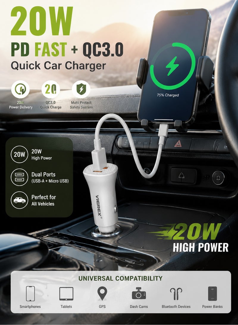 Vierex Power Delivery PD Fast Charger + QC3.0 Dual Port Car Adapter, High-Speed USB-C Cigarette Lighter Phone Charger with Premium  Type-C Charging Cable - Image 5