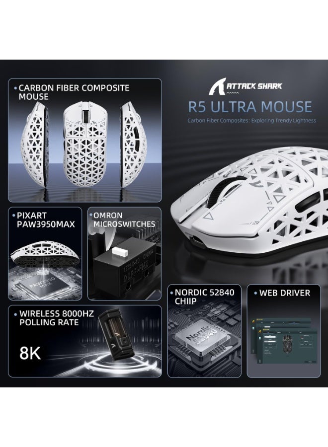 هجوم القرش ماوس ألعاب لاسلكي R5Ultra 8K من ألياف الكربون بدقة 42000 نقطة في البوصة - مستشعر PAW3950 MAX - وزن خفيف للغاية 39 جرام - Nordic52840 - ماوس سلكي/بلوتوث/لاسلكي قابل للبرمجة بتردد 2.4 جيجاهرتز لأجهزة الكمبيوتر الشخصية/أجهزة ماك - Image 3