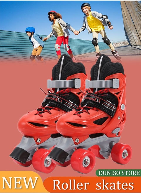 Roller skates, children's indoor and outdoor skating shoes,adjustable size, double row with 4 wheels, suitable for girls and boys, red (XS, suitable for sizes 26 to 29)
