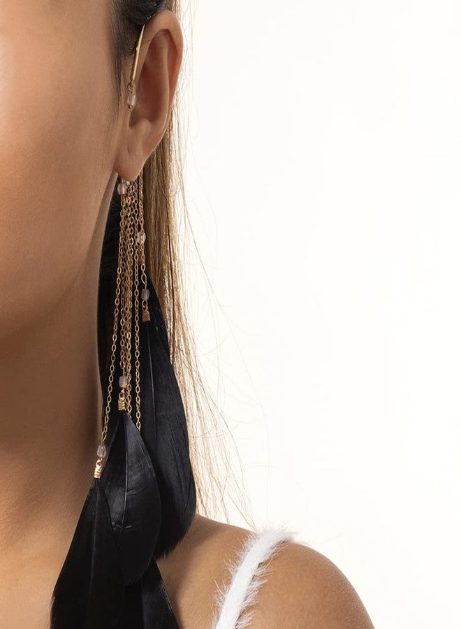 Jumwrit Black Feather Dangle Earrings - Modern Dangle Ear Cuffs - Nickel Free, Cadmium Free - Crystal & Alloy - Adult Women's Earrings - Image 2