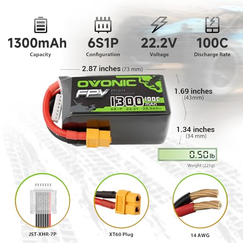 OVONIC بطارية ليثيوم بوليمر OVONIC 6S 100C 1300mAh 22.2V مع موصل XT60 لطائرات الدرون الرباعية FPV - Image 2