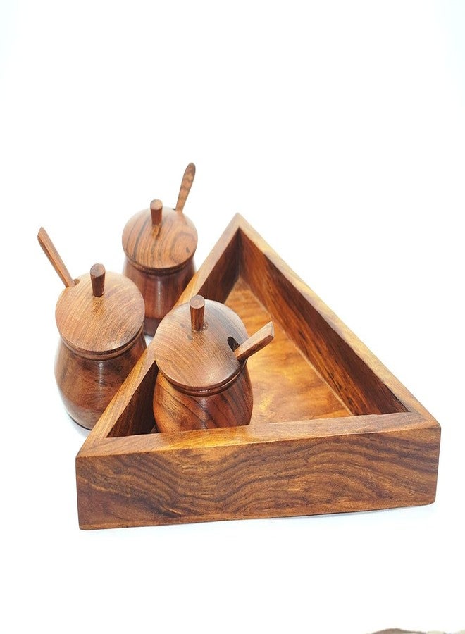 MITRIA TRADERS Handicrafts Wooden Triangular wooden Mukhwas Freshener Serve ware Spice Jar Set with Tray. - Image 2