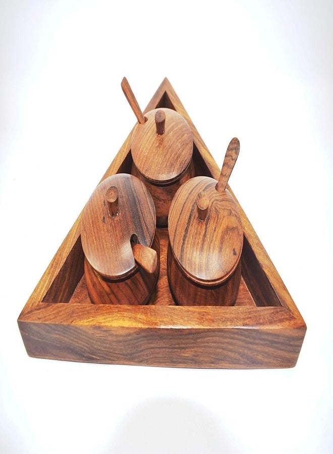 MITRIA TRADERS Handicrafts Wooden Triangular wooden Mukhwas Freshener Serve ware Spice Jar Set with Tray. - Image 1