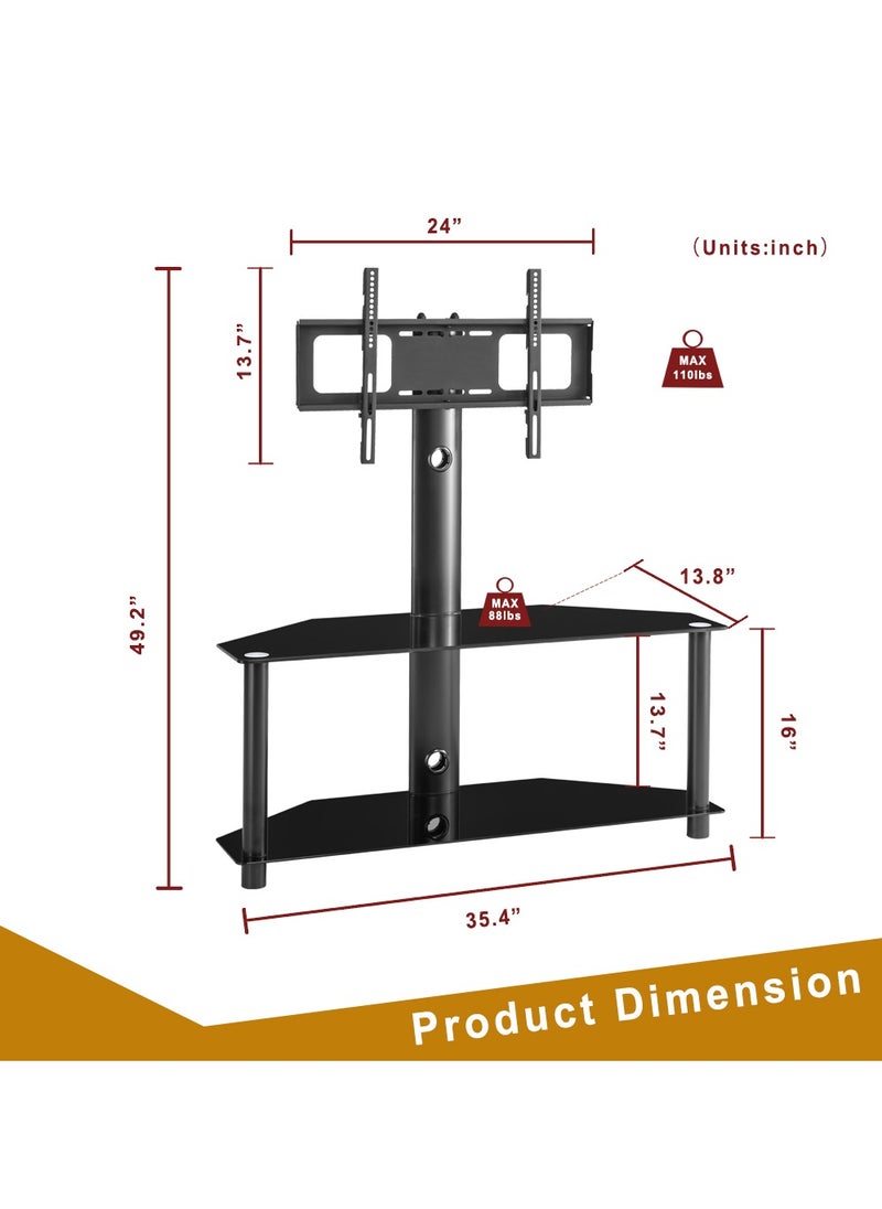 Swivel Floor TV Stand with 2 Tier Storage Tempered Glass Shelves and Height Adjustable TV Stand for 32-55 inch Screen TVs