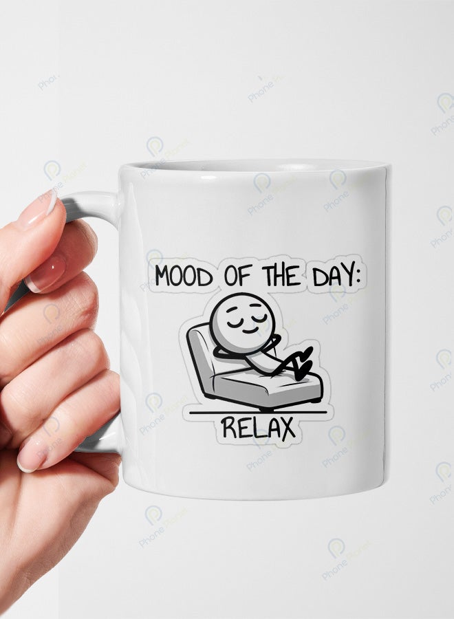 A ceramic mug printed with the phrase Mood of the Day and featuring a comfortable handle