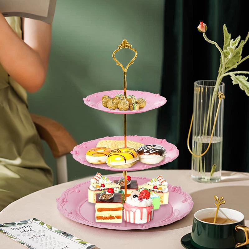Fasmov 3 Pack 3 Tier Plastic Cupcake Stand, Dessert Plates Cake Fruit Candy Display Tower Reusable Pastry Platter for Wedding Birthday Baby Shower Tea Party Decorations - White Pink Green - Image 5