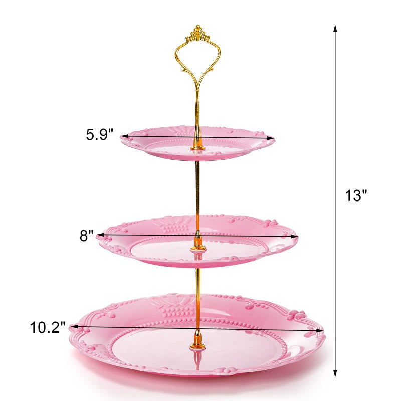 Fasmov 3 Pack 3 Tier Plastic Cupcake Stand, Dessert Plates Cake Fruit Candy Display Tower Reusable Pastry Platter for Wedding Birthday Baby Shower Tea Party Decorations - White Pink Green - Image 2