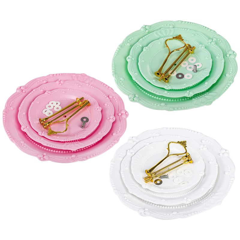 Fasmov 3 Pack 3 Tier Plastic Cupcake Stand, Dessert Plates Cake Fruit Candy Display Tower Reusable Pastry Platter for Wedding Birthday Baby Shower Tea Party Decorations - White Pink Green - Image 3
