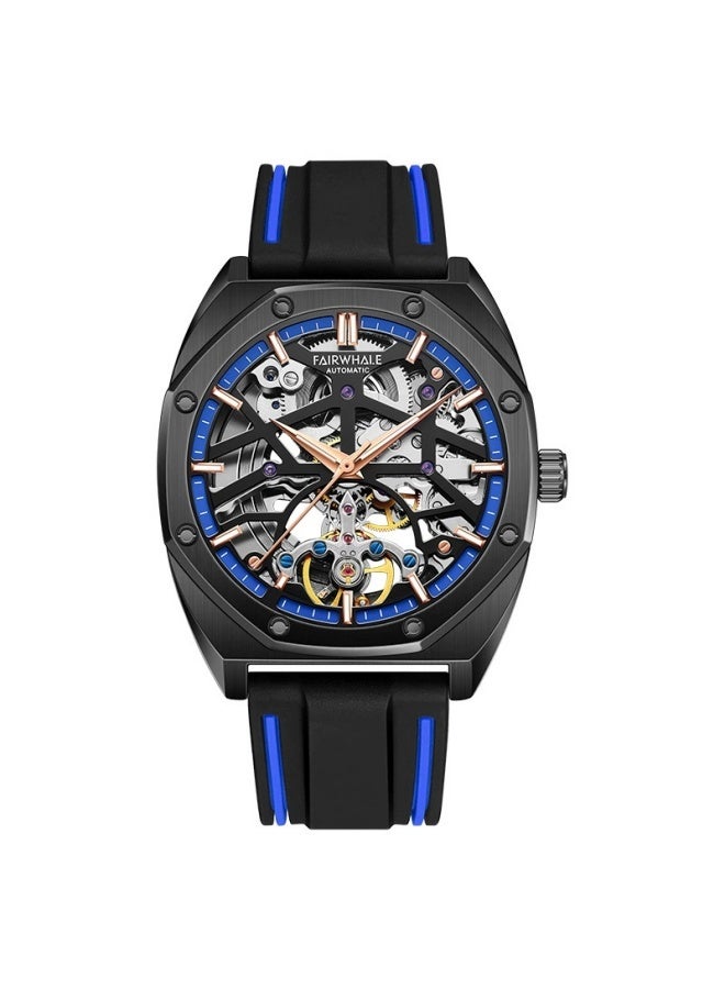 Mark Fairwhale Men's Transparent Skeleton Automatic Mechanical Watch - Water Resistant, Luminous, Black Case, Blue Dial & Silicone Strap