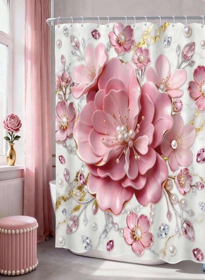 AMBZEK Pink 3D Floral Shower Curtain 72Wx72L Inch Abstract Modern Spring Flower Blossom Elegant Botanical Luxury Marble Summer Cloth Fabric Waterproof Polyester Bathroom Decor Set with 12 Pack Hook - Image 1