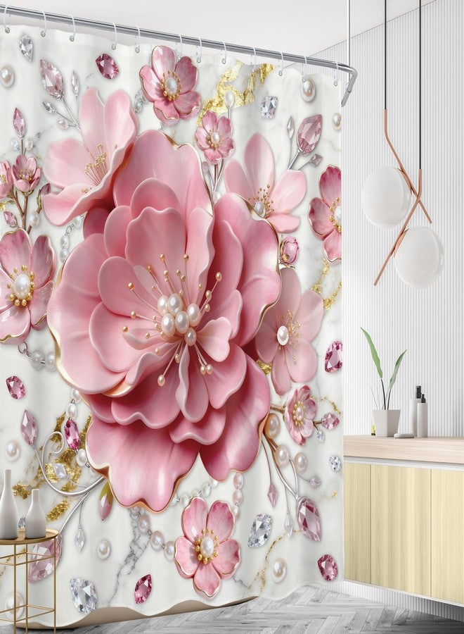 AMBZEK Pink 3D Floral Shower Curtain 72Wx72L Inch Abstract Modern Spring Flower Blossom Elegant Botanical Luxury Marble Summer Cloth Fabric Waterproof Polyester Bathroom Decor Set with 12 Pack Hook - Image 3