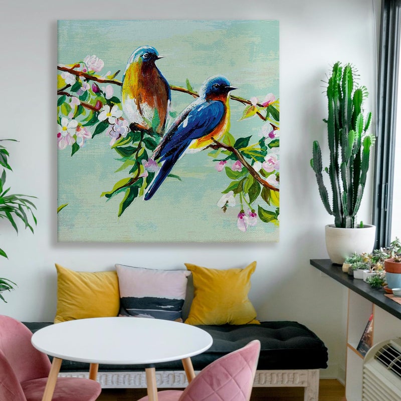 PAPER PLANE DESIGN Abstract Wall Art Canvas Print Watercolor Birds and Flower Branch Framed Paintings Large Nature Artwork For Living Room Bedroom Office Home Decor 24 Inch x 24 inch A - Image 1