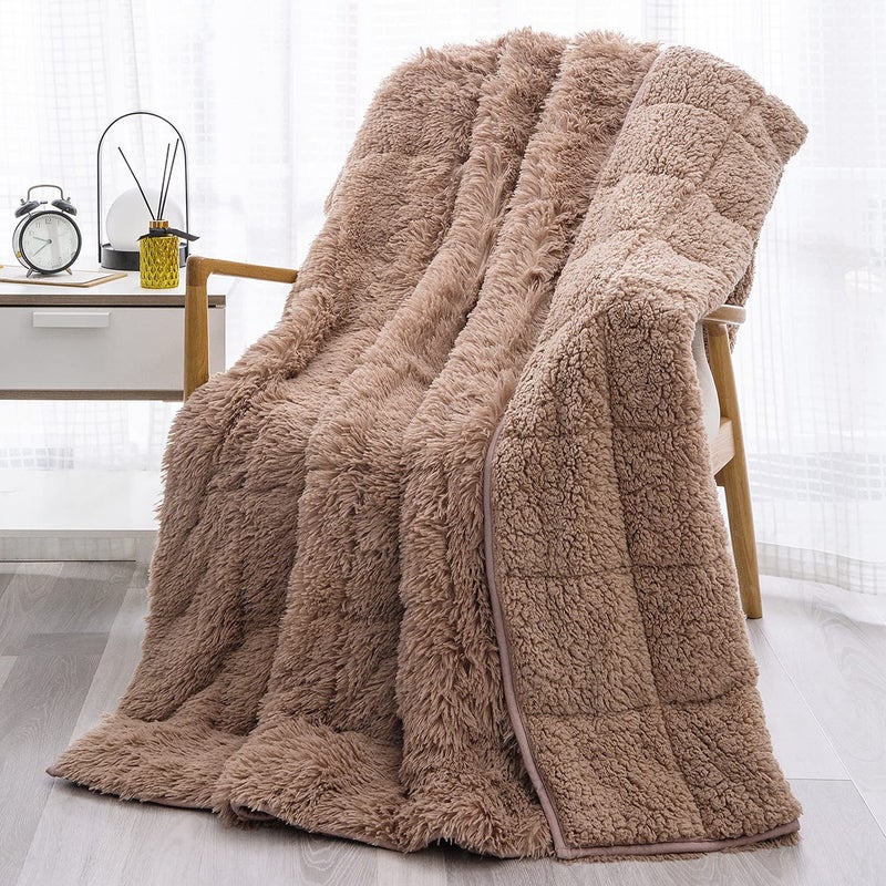 Wemore Shaggy Long Fur Faux Fur Weighted BlanketCozy and Fluffy Plush Sherpa Long Hair Blanket for Adult 15lbsFluffy Fuzzy Sherpa Reverse Heavy Blanket for BedCouch Brown 48 x 72 Inches