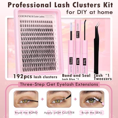 Goddvenus Lash Clusters Kit Wispy Lash Extension Kit Waterproof Lashes Clusters DIY Eyelash Clusters Kit with Natural Individual Eyelashes, Lashes Glue Bond and Seal and Lash Tweezers (D Curl 192pcs) - Image 4