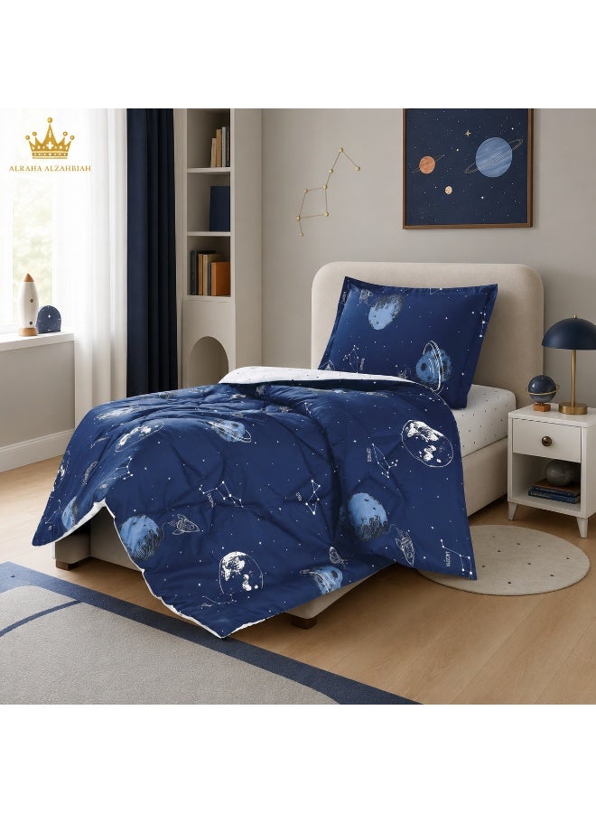 طقم مفارش أطفال 3 قطع مايكروفايبر – لحاف 160×220 سم بحشوة بوليستر 3 كجم مع شرشف مطاط وكيس مخدة – عدة ألوان