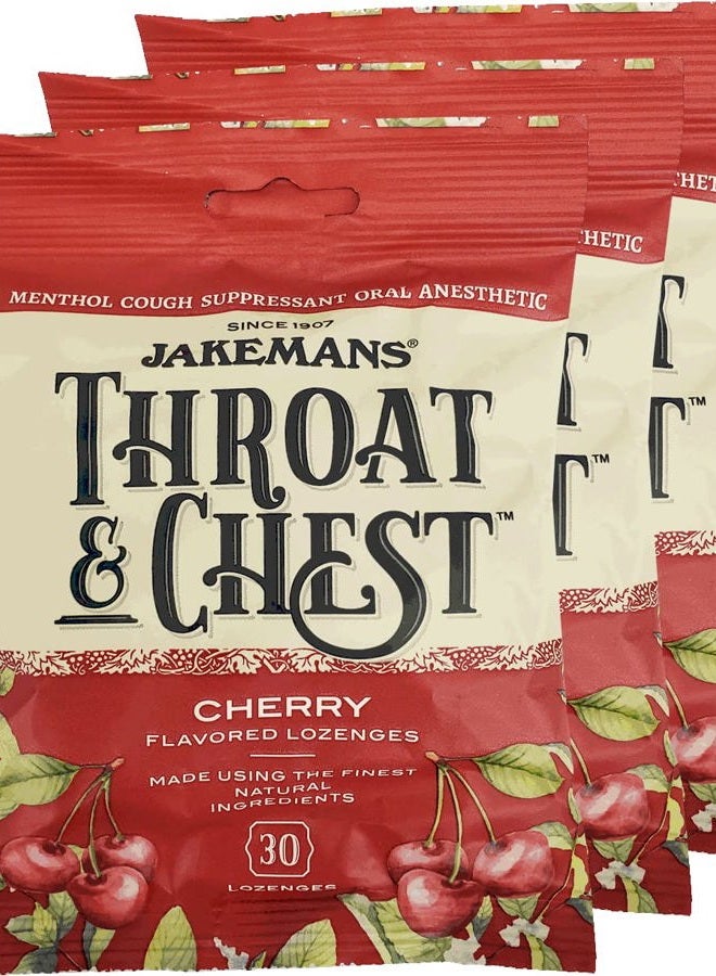 JAKEMANS Cherry Throat & Chest Lozenges Cough Drops – Cough, Sore Throat and Seasonal Distress Soothing Relief – Liquid Drop Shape – 30 Lozenges (3 Pack) - Image 1