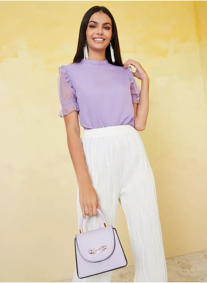 Styli Mesh Sleeve High Neck Regular Length Top