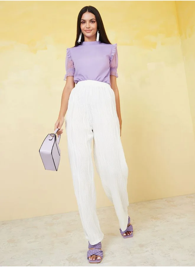 Styli Mesh Sleeve High Neck Regular Length Top