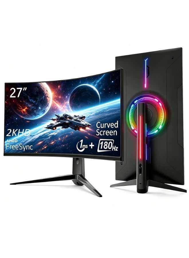 27 Inch 2K Curved Gaming Monitor 180Hz, 2560×1440p, 1ms Response, AMD FreeSync 1800R Curved VA, HDMI/DP/USB, Built-in Speakers, Low Blue Light, Flicker-Free, RGB Backlight with Height-Adjustable Stand, Ideal for Game&Work - Image 1
