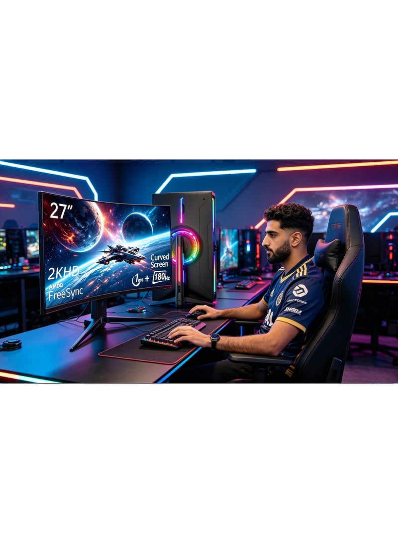 27 Inch 2K Curved Gaming Monitor 180Hz, 2560×1440p, 1ms Response, AMD FreeSync 1800R Curved VA, HDMI/DP/USB, Built-in Speakers, Low Blue Light, Flicker-Free, RGB Backlight with Height-Adjustable Stand, Ideal for Game&Work - Image 5