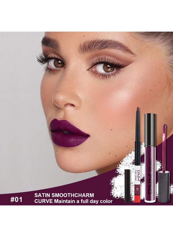 evpct 2Pcs Purple Plum Matte 24-hour Liquid Lipstick and Lip Liner Pencil Makeup Set Women DNM Dark Red Bright Berry Liquid Lipstick Matte Lip Tint 24H and with Lip Liner Set Waterproof Long Lasting 1 - Image 2