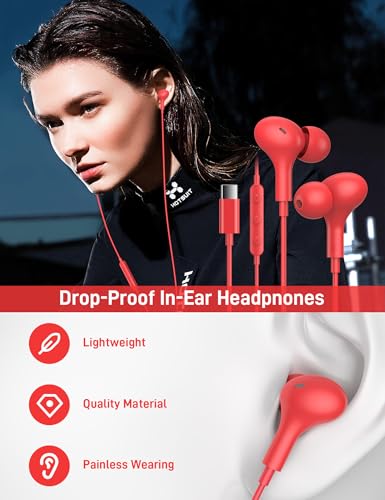 iMangoo for Apple USB C Wired Headphones, Hi-Fi Sound Corded Earbuds, Ergonomic Small in Ear Buds for iPhone 17 Pro Max/17e/16 Plus/16e/15, for Samsung S26/S25 Ultra/for Pixel Type C Earphones Red - Image 2