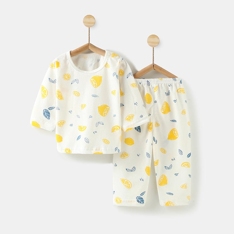 Babys Air-conditioning Suit Thin Long-sleeved Summer Cotton Mens Babys Home Clothes Summer Clothes Daughters Childrens Pajamas Summer Lemon 