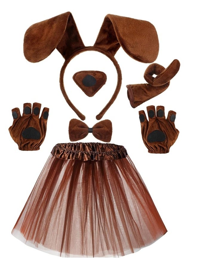 Zhanmai Puppy Dog Tutu Skirt Animal Costume Set Puppy Ears Headband Bow Tie Paw Gloves and Tutu Skirt for Carnival Mardi Gras Party(Dark Brown) - Image 1