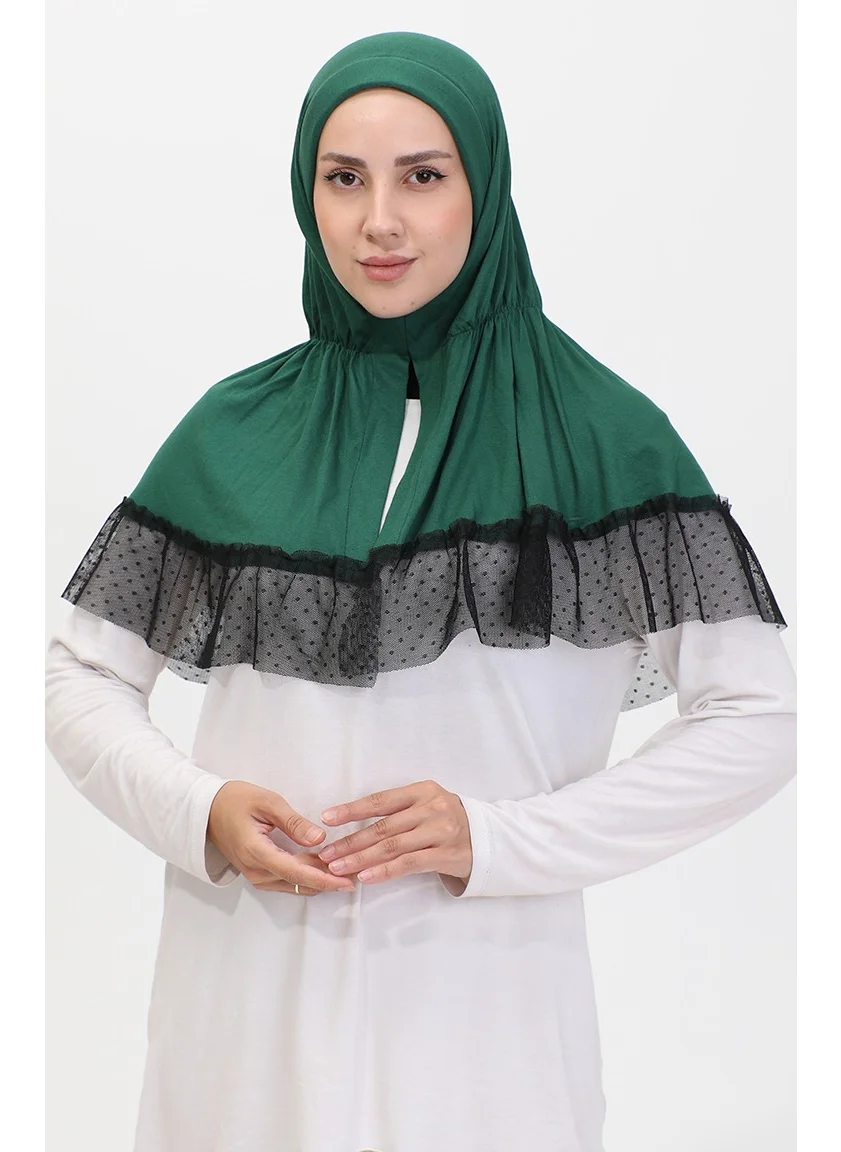 Sefa Merve Tulle Detailed Practical Shawl 1270-03 Emerald Green