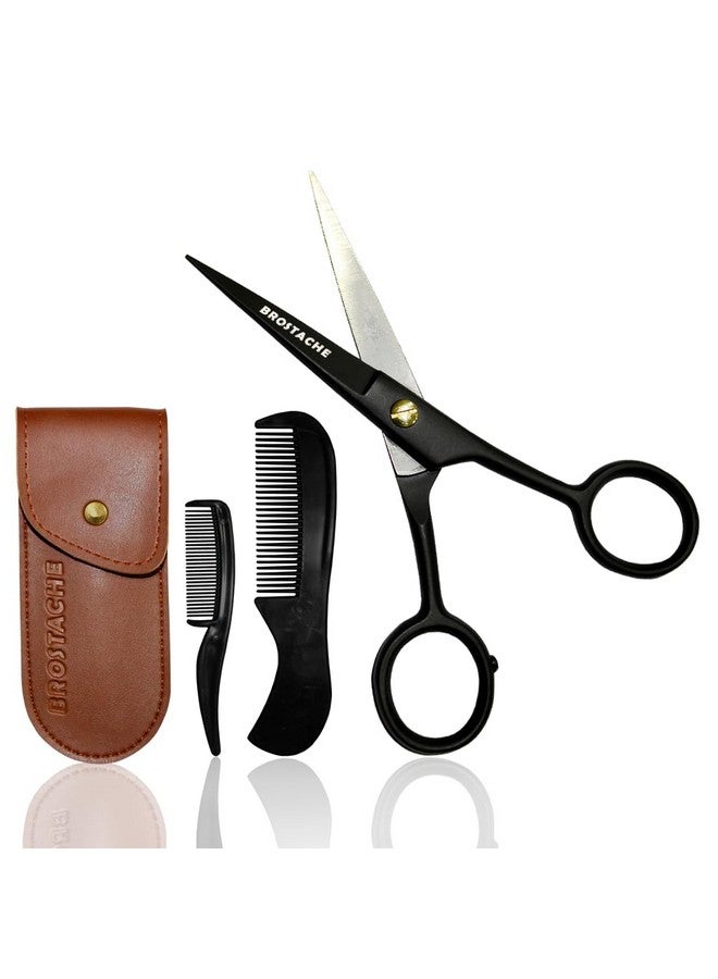 BROSTACHE 5" Beard & Mustache Trimming Scissors For Men, 2 Comb & Travel Carrying Pouch, Hand Forged With Bevel Edge For Precision, Mustache Kit For Men, Extremely Sharp Scissors - Image 1