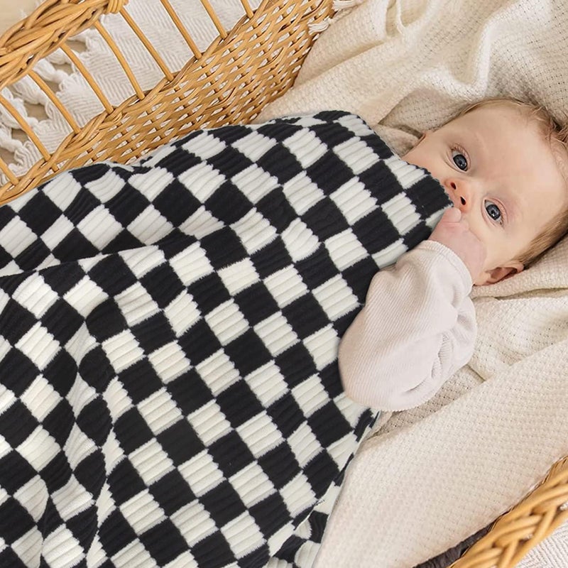 BEILIMU Baby Blanket for Boys Comfy Durable Corduroy Toddler Blanket with Double Layer Dotted Backing Checkerboard Grid Chessboard Gingham Warmer Bed Blankets for Newborn Infants Black 30x40 Inches - Image 3