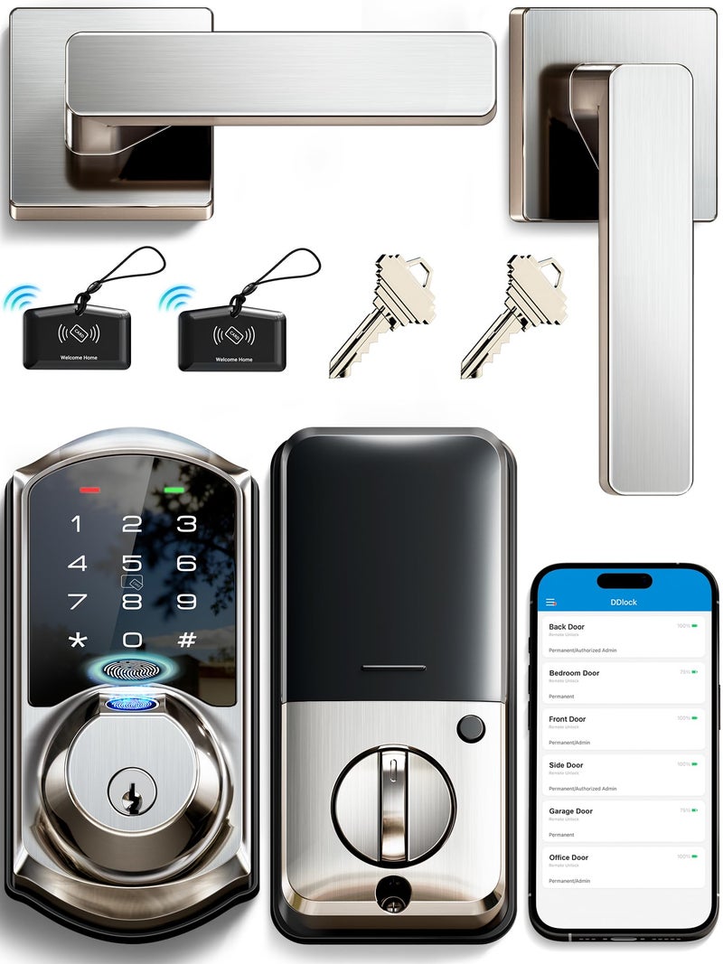 Veise VE07L Fingerprint App Control Smart Locks with HeavyDuty Zinc Alloy Handles Keyless Entry for Front Door Digital Electronic Touchscreen Auto Lock Waterproof Easy Install Satin Nickel