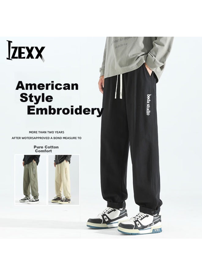 Izexx Style Casual Pants Men Spring Versatile Straight Loose Embroidered Workwear Cotton Trousers Zsn05 Black 2XL - Image 1