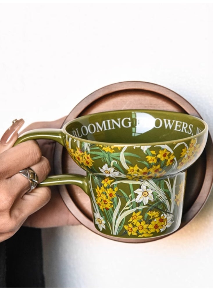 Wide Mouth Ceramic Breakfast Cup in Green - Premium French Coffee Mug Vintage Style - Gift Box Included - Image 5