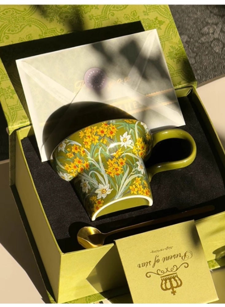Wide Mouth Ceramic Breakfast Cup in Green - Premium French Coffee Mug Vintage Style - Gift Box Included - Image 1