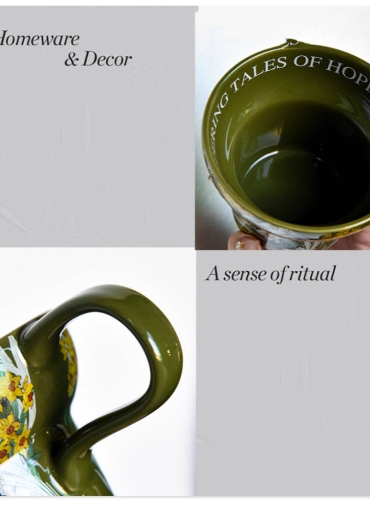 Wide Mouth Ceramic Breakfast Cup in Green - Premium French Coffee Mug Vintage Style - Gift Box Included - Image 3