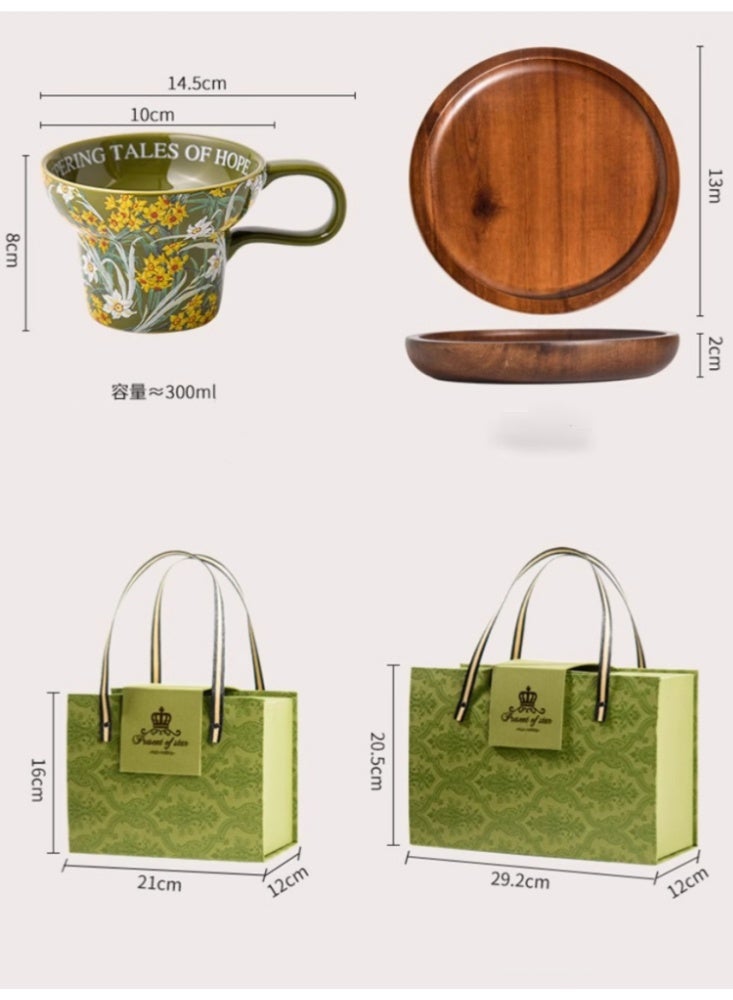 Wide Mouth Ceramic Breakfast Cup in Green - Premium French Coffee Mug Vintage Style - Gift Box Included - Image 2