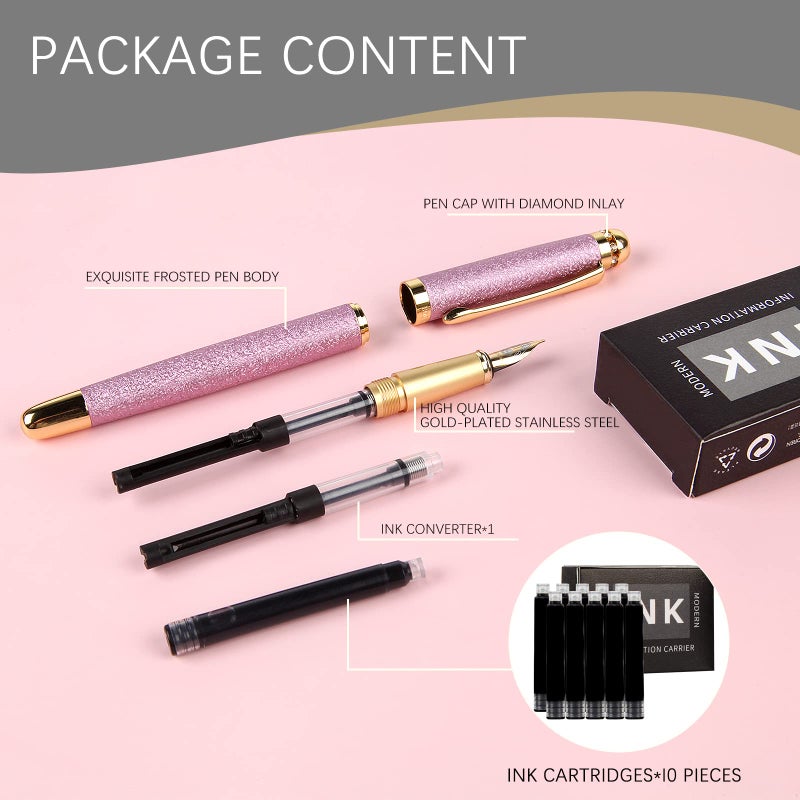 BOCIYER fountain pen-Multiple color styles with rhinestone,diamond inlay and frosted finish,Cute pens,Luxury pen,Office pens,Best pen set,Includes 10 Ink Cartridges and Ink Refill Converter(Pink) - Image 2