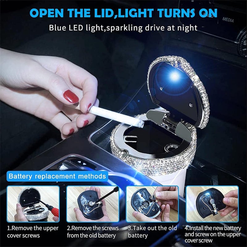 eing Car Ashtray Portable Bling Cigarette Smokeless Cylinder Cup Holder with Blue LED Light Indicator,Car Accessories for Women,Ideal for Car,Home and Office,1 - Pack White - Image 2