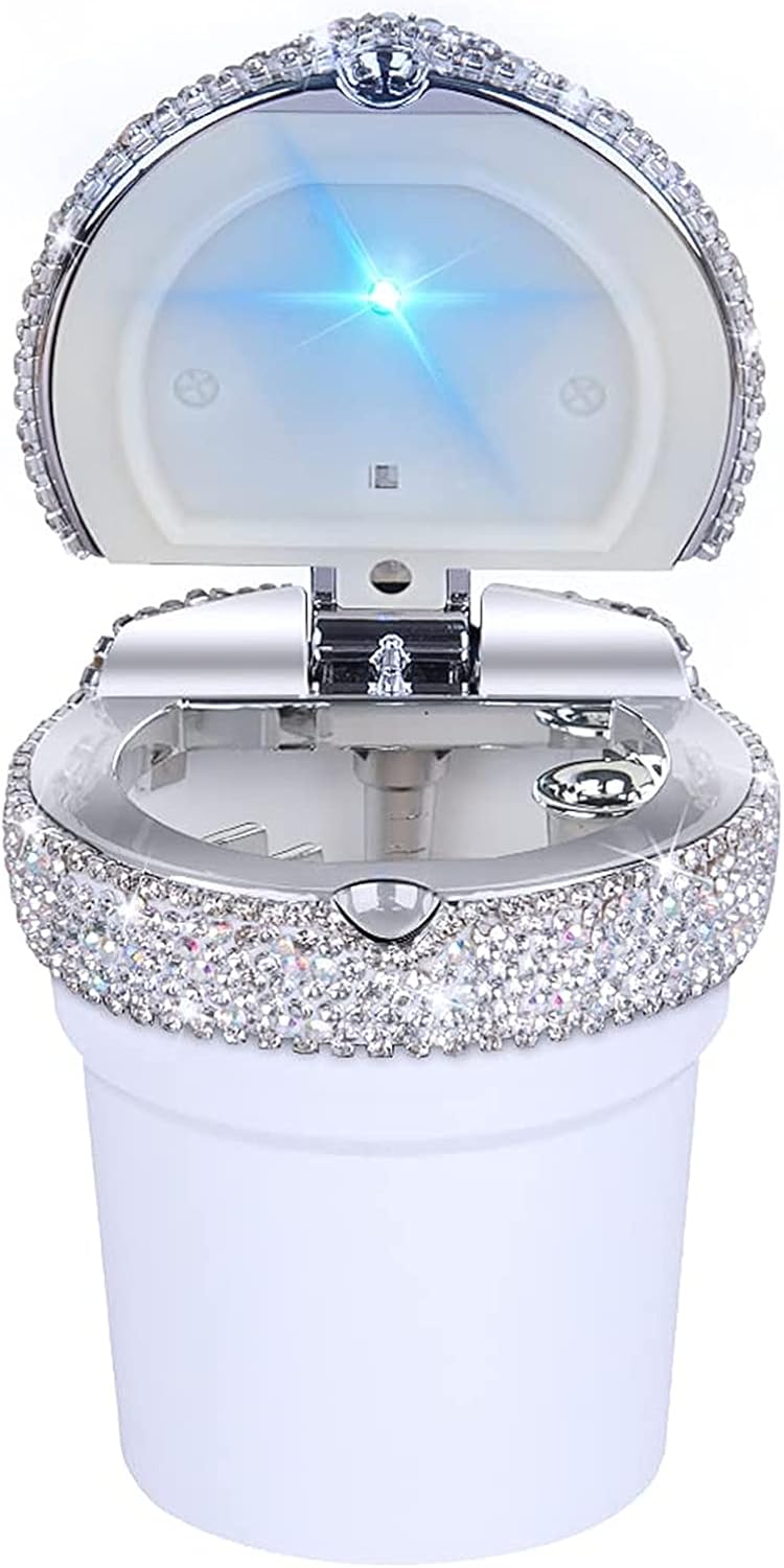 eing Car Ashtray Portable Bling Cigarette Smokeless Cylinder Cup Holder with Blue LED Light Indicator,Car Accessories for Women,Ideal for Car,Home and Office,1 - Pack White - Image 1