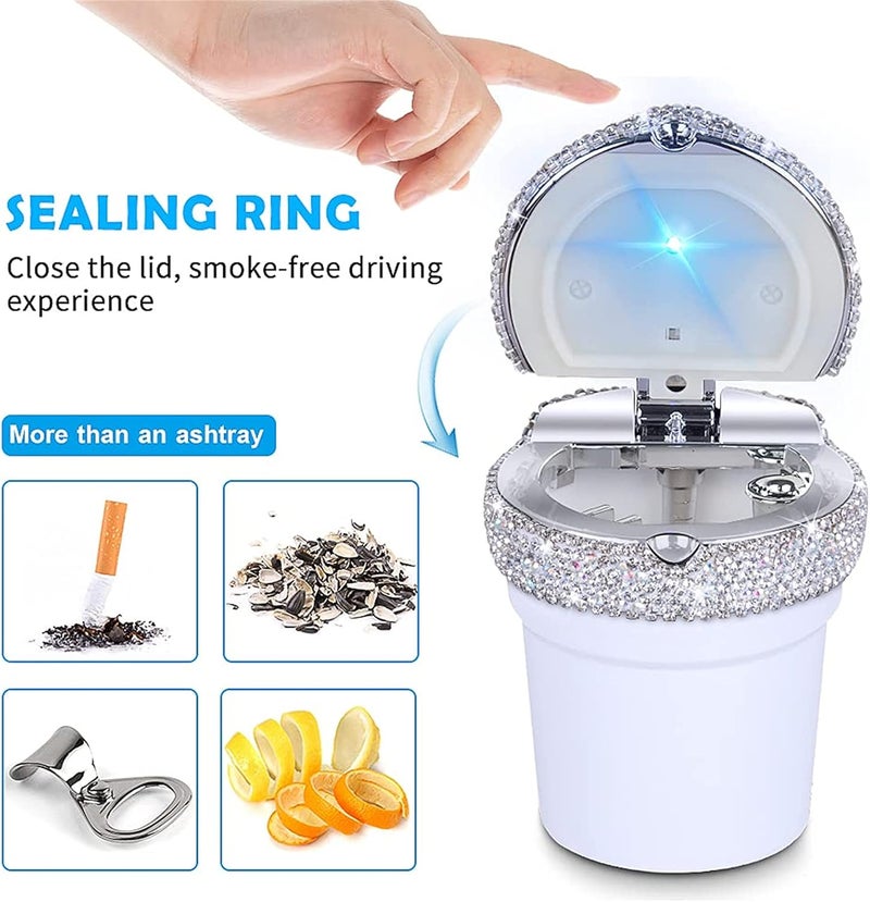 eing Car Ashtray Portable Bling Cigarette Smokeless Cylinder Cup Holder with Blue LED Light Indicator,Car Accessories for Women,Ideal for Car,Home and Office,1 - Pack White - Image 3