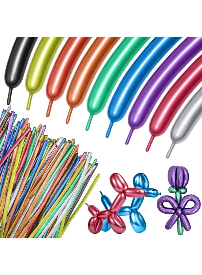 يُسلِّم 100 قطعة من البالونات المعدنية متعددة الألوان، بالونات لاتكس طويلة ورفيعة لبالونات الحيوانات، بالونات عالية الجودة للمبتدئين في صنع البالونات وديكورات حفلات الكرنفال - Image 1