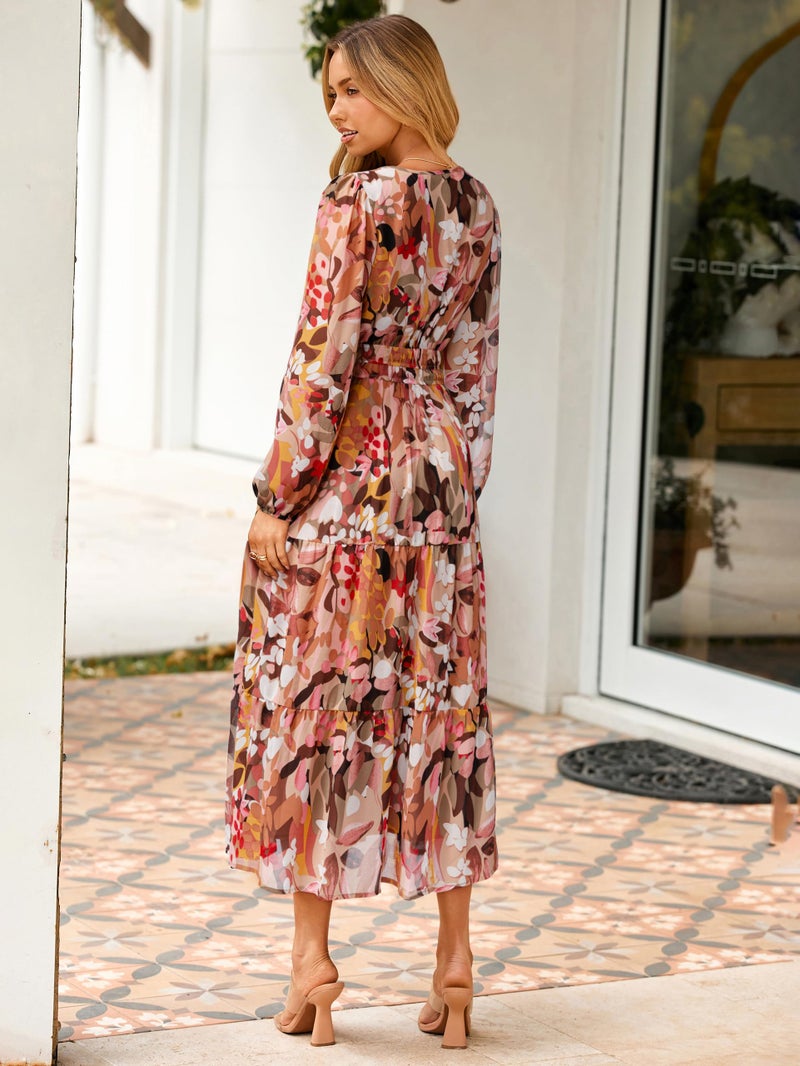 Simplee Women's Floral Boho Long Sleeve Maxi Dress V Neck Empire Waist Swing Flowy Wedding Guest Dress Light Pink Floral S - Image 5